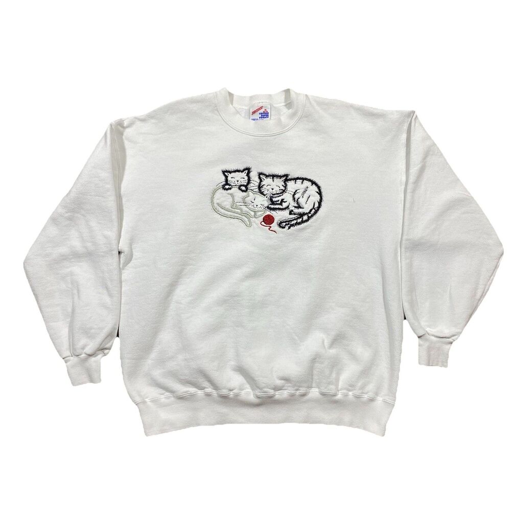 Vintage 90s Jerzees Cat Kitten Embroidered Crewneck Sweatshirt Mens XL USA Made